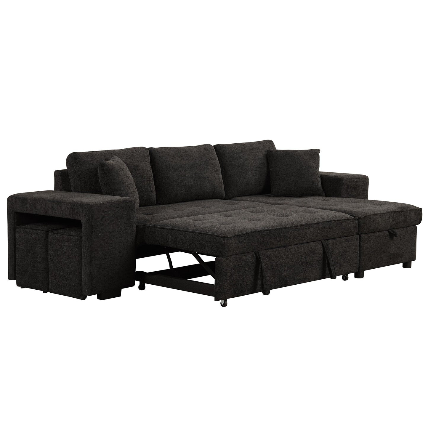 Modern L-Shaped Pull-Out Sectional Sofa Bed with Reversible Chaise, Storage and 2 Stools for Living Room Apartment