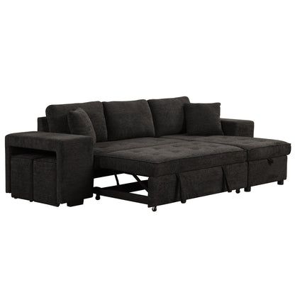 Modern L-Shaped Pull-Out Sectional Sofa Bed with Reversible Chaise, Storage and 2 Stools for Living Room Apartment