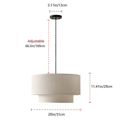 Modern Off-White Drum Pendant Light with 2-Tier Linen Fabrics Lampshade