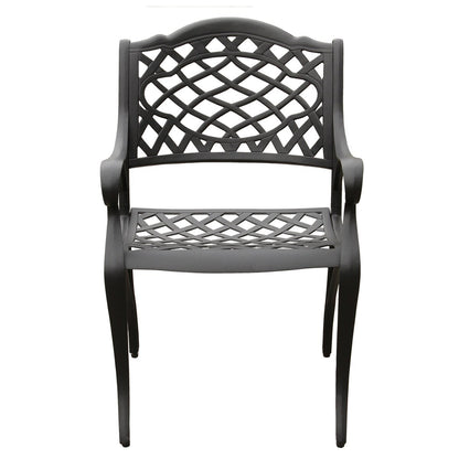 Ensemble de salle à manger d'extérieur moderne et orné en aluminium maillé, de 160 cm de large, avec plateau tournant et six chaises - N/A