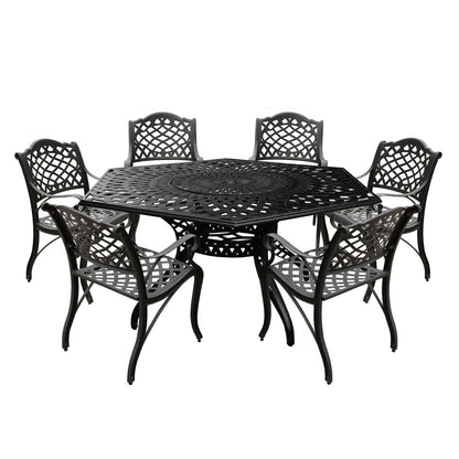Ensemble de salle à manger d'extérieur moderne et orné en aluminium maillé, de 160 cm de large, avec plateau tournant et six chaises - N/A