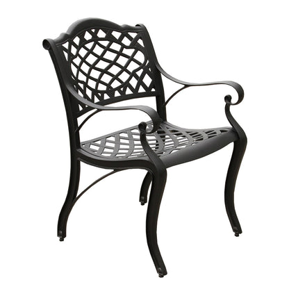 Ensemble de salle à manger d'extérieur moderne et orné en aluminium maillé, de 160 cm de large, avec plateau tournant et six chaises - N/A