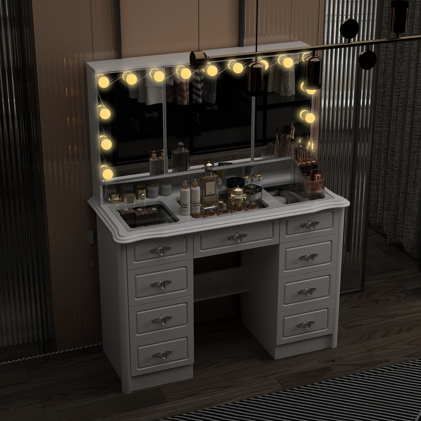 Miroir de maquillage pliable blanc moderne avec éclairage réglable - 40,2 x 54,1