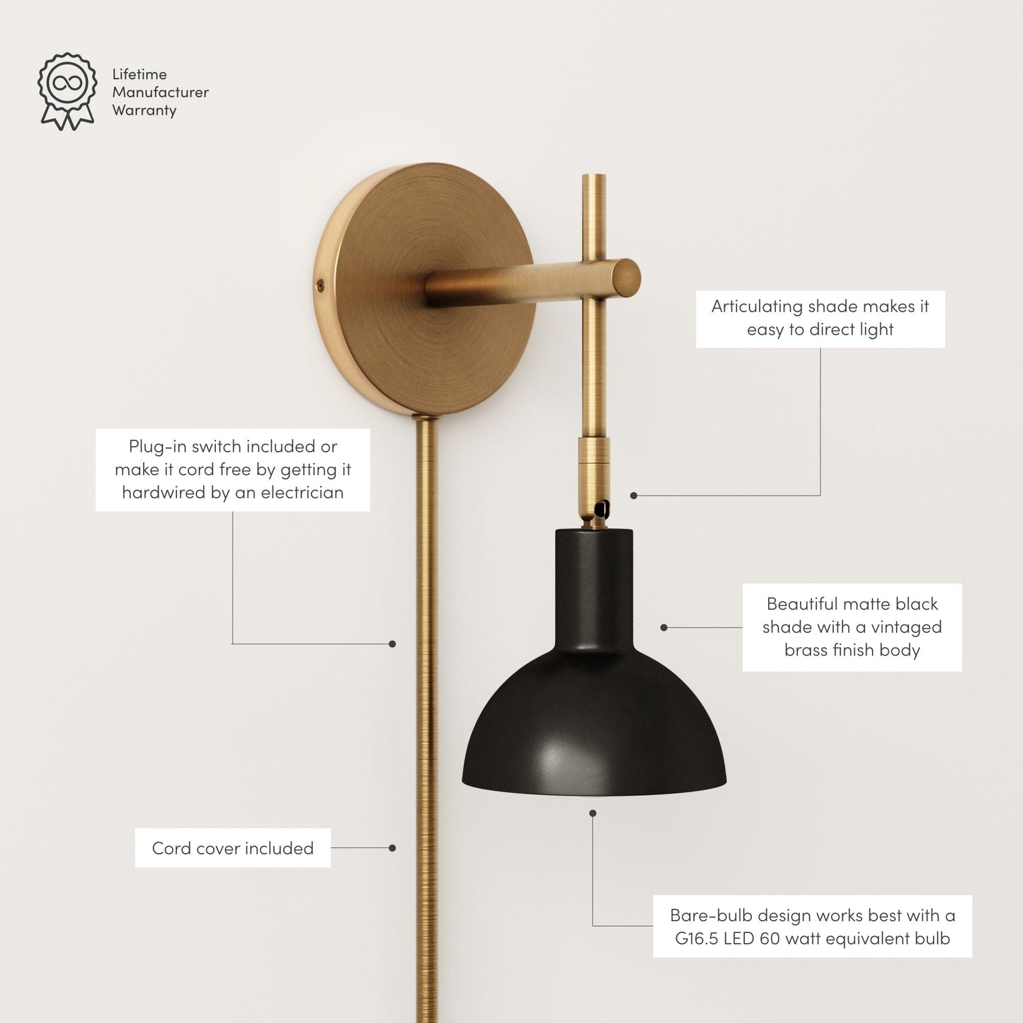 Applique murale Nathan James Tamlin à 1 lumière avec prise et interrupteur marche/arrêt