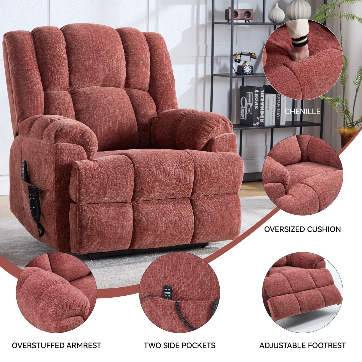 Oversized Chenille Power Lift Recliner Chair with Massage and Lumbar Heating, Infinite Position Reclining