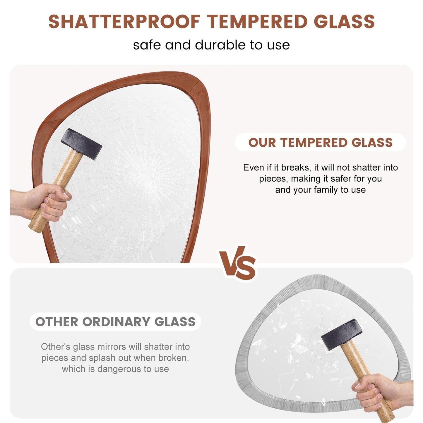 Miroir mural asymétrique en forme de pavé avec cadre en pin