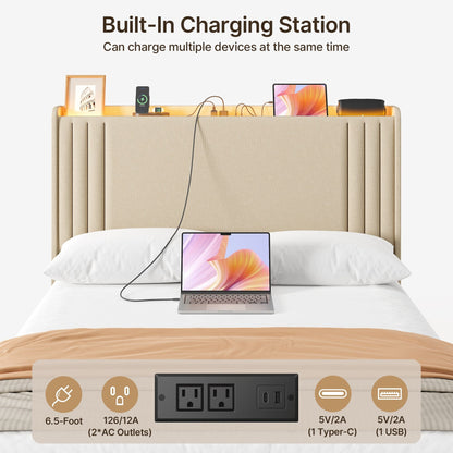 Lit Queen/Full rembourré à canaux verticaux avec tête de lit à oreilles