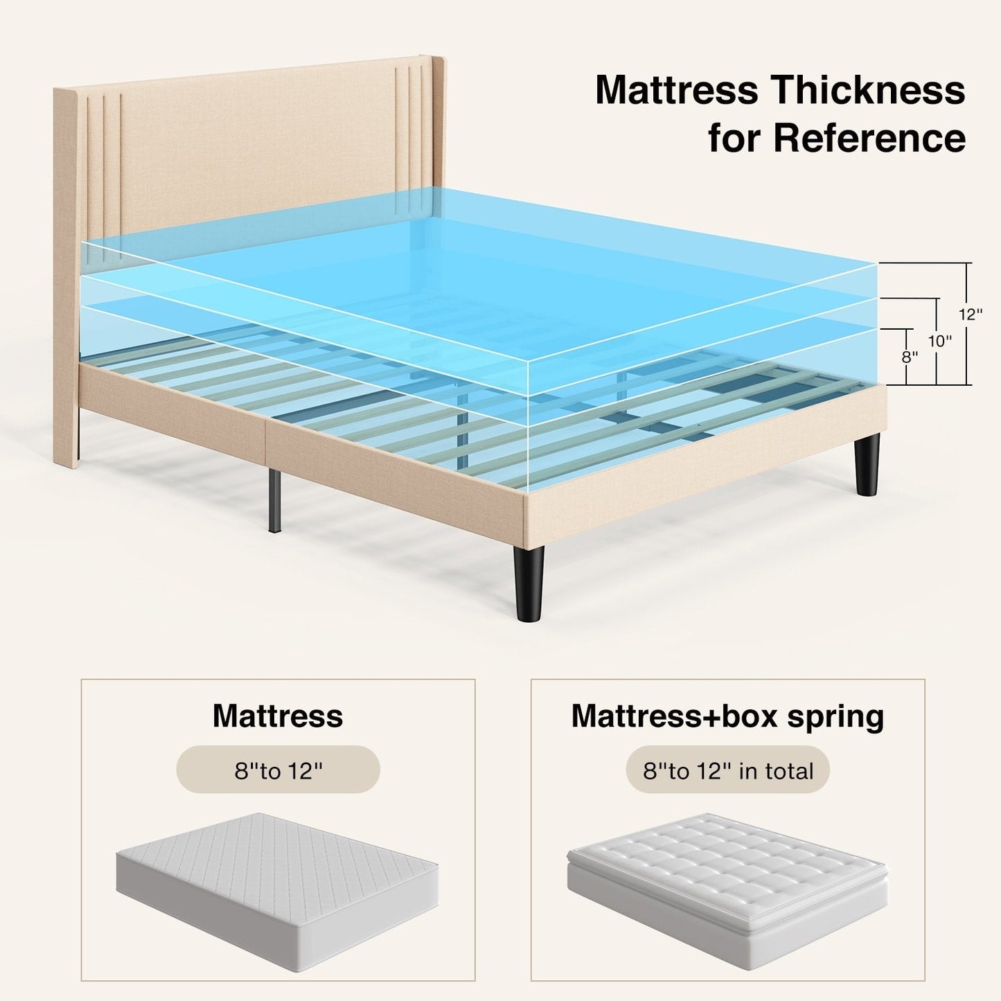 Lit Queen/Full rembourré à canaux verticaux avec tête de lit à oreilles