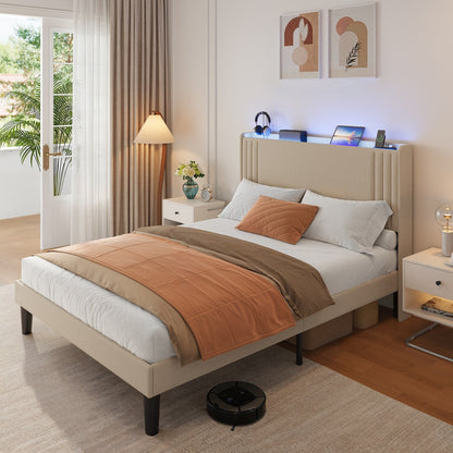 Lit Queen/Full rembourré à canaux verticaux avec tête de lit à oreilles