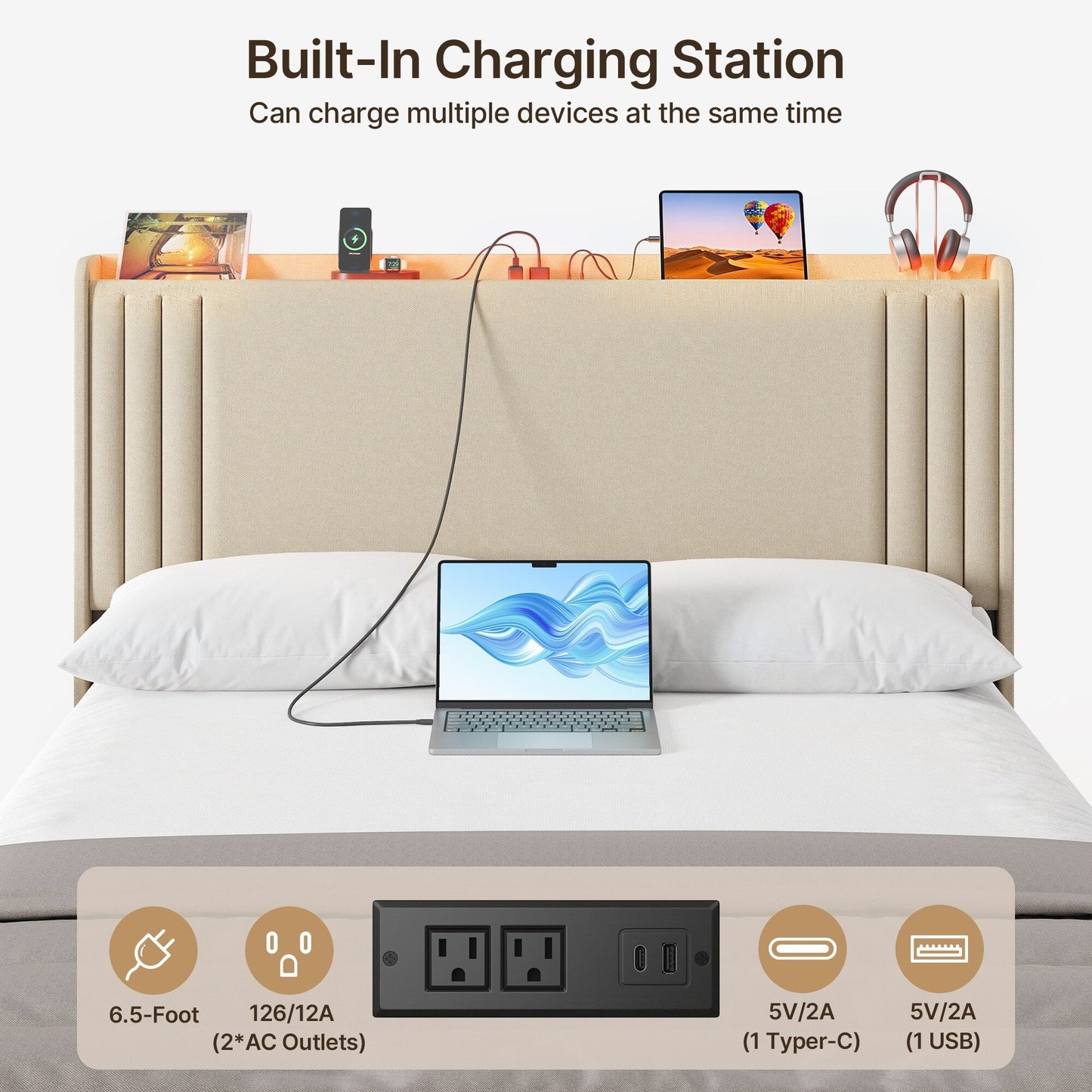 Lit Queen/Full rembourré à canaux verticaux avec tête de lit à oreilles