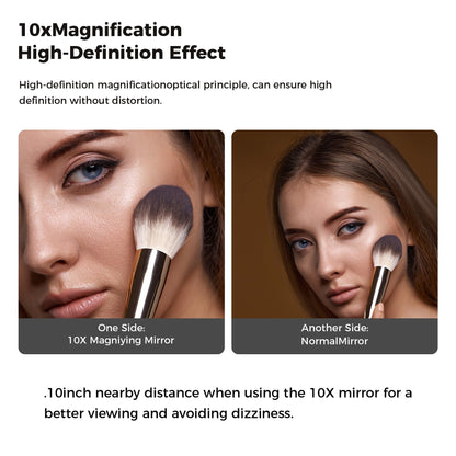 Miroir de maquillage mural rond de 8 pouces, rechargeable, grossissement 1x/10x, 3 lumières colorées