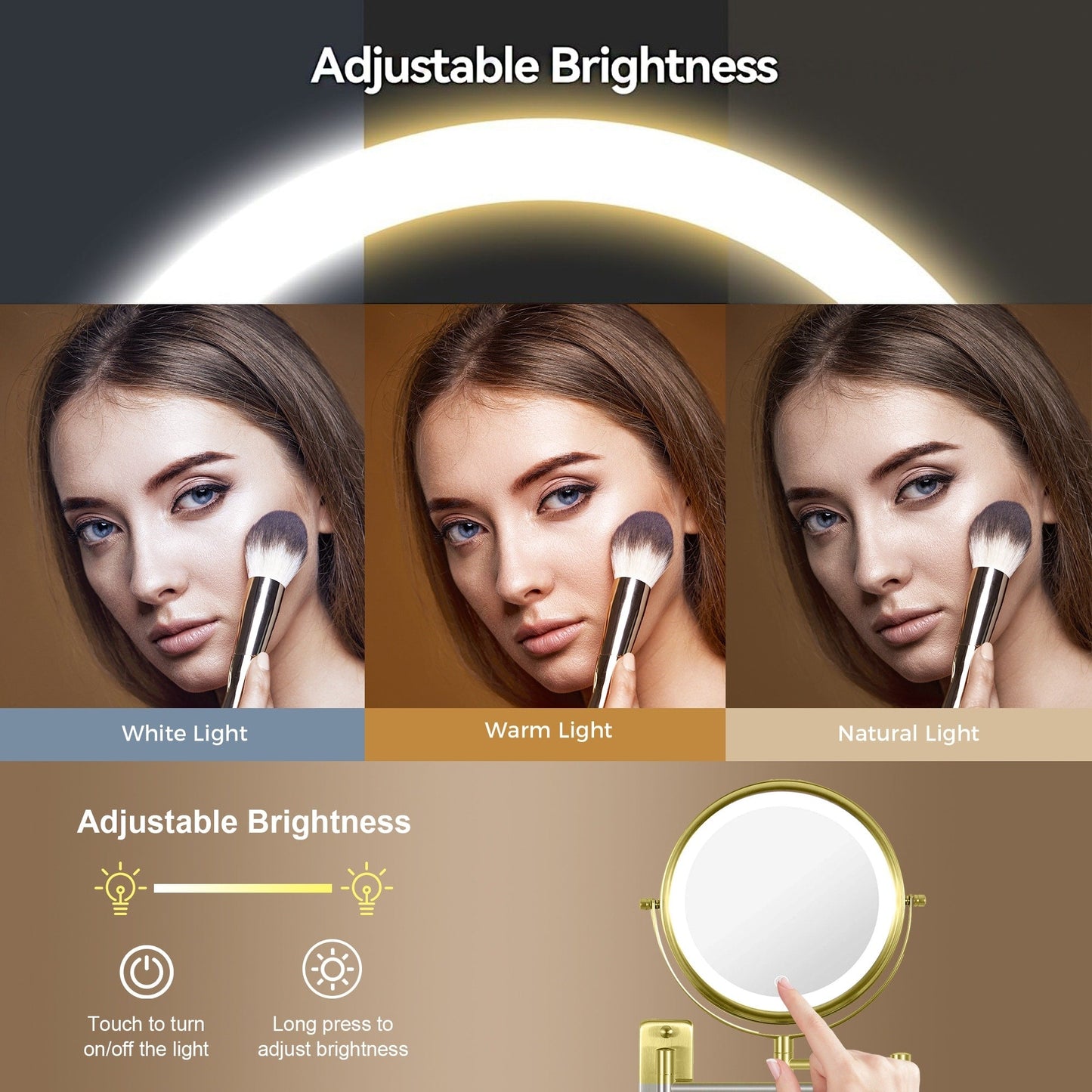 Miroir de maquillage mural rond de 8 pouces, rechargeable, grossissement 1x/10x, 3 lumières colorées