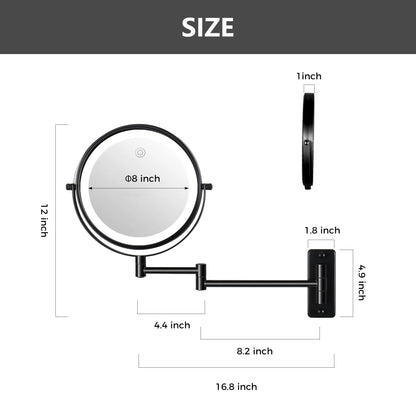 Miroir de maquillage mural rond de 8 pouces, rechargeable, grossissement 1x/10x, 3 lumières colorées
