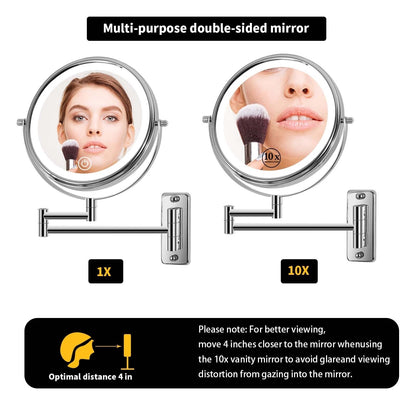 Miroir de maquillage mural rond de 8 pouces, rechargeable, grossissement 1x/10x, 3 lumières colorées