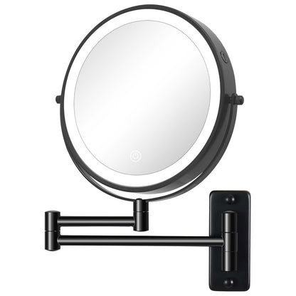 Miroir de maquillage mural rond de 8 pouces, rechargeable, grossissement 1x/10x, 3 lumières colorées