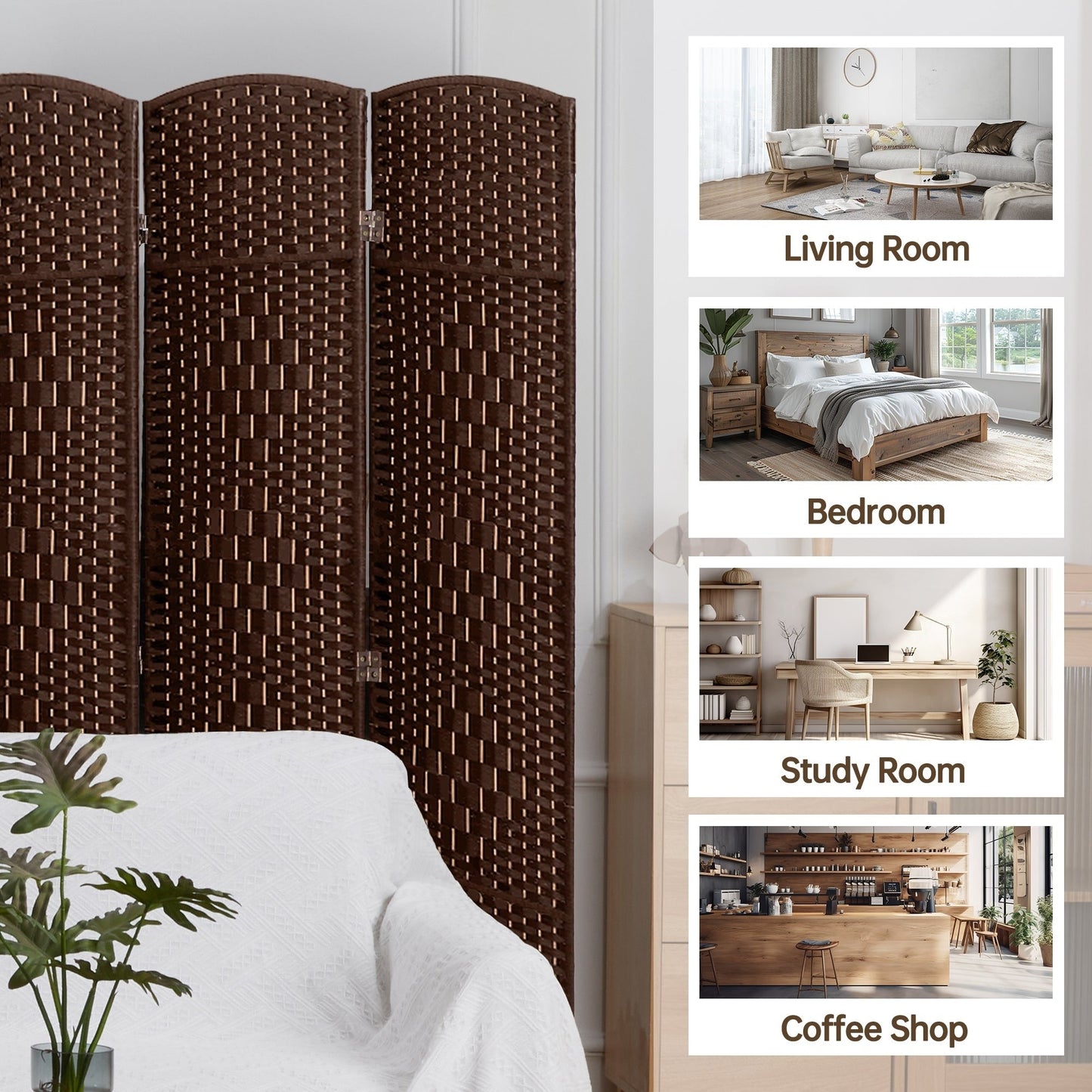 Paravent de séparation de pièce de 6 pieds de haut en fibre tissée, écran de confidentialité autoportant, écran pliant