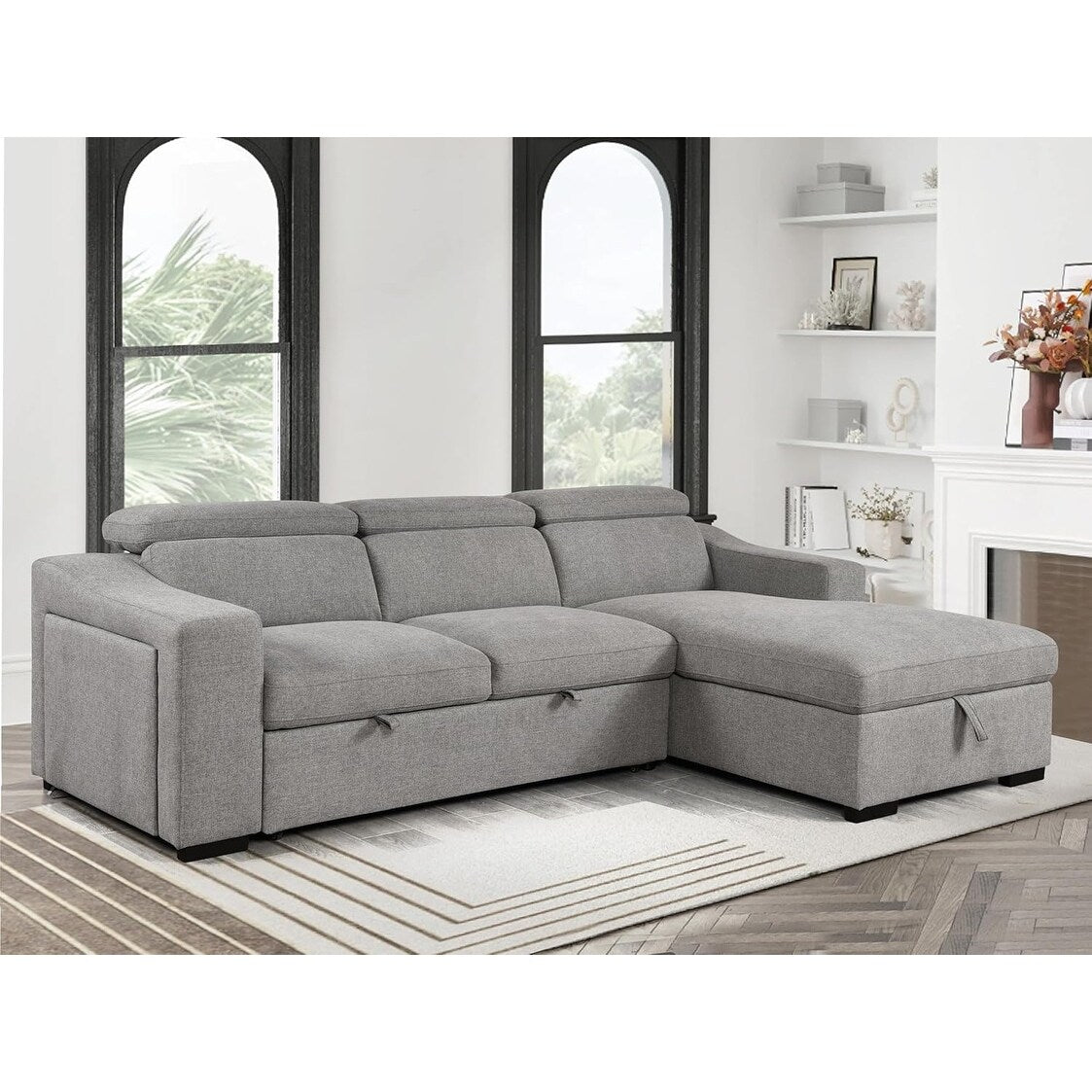 Roomfitters 103 Convertible Sectional Sofa with Storage Chaise, Adjustable Headrests, L-Shaped Sleeper Corner Sofa