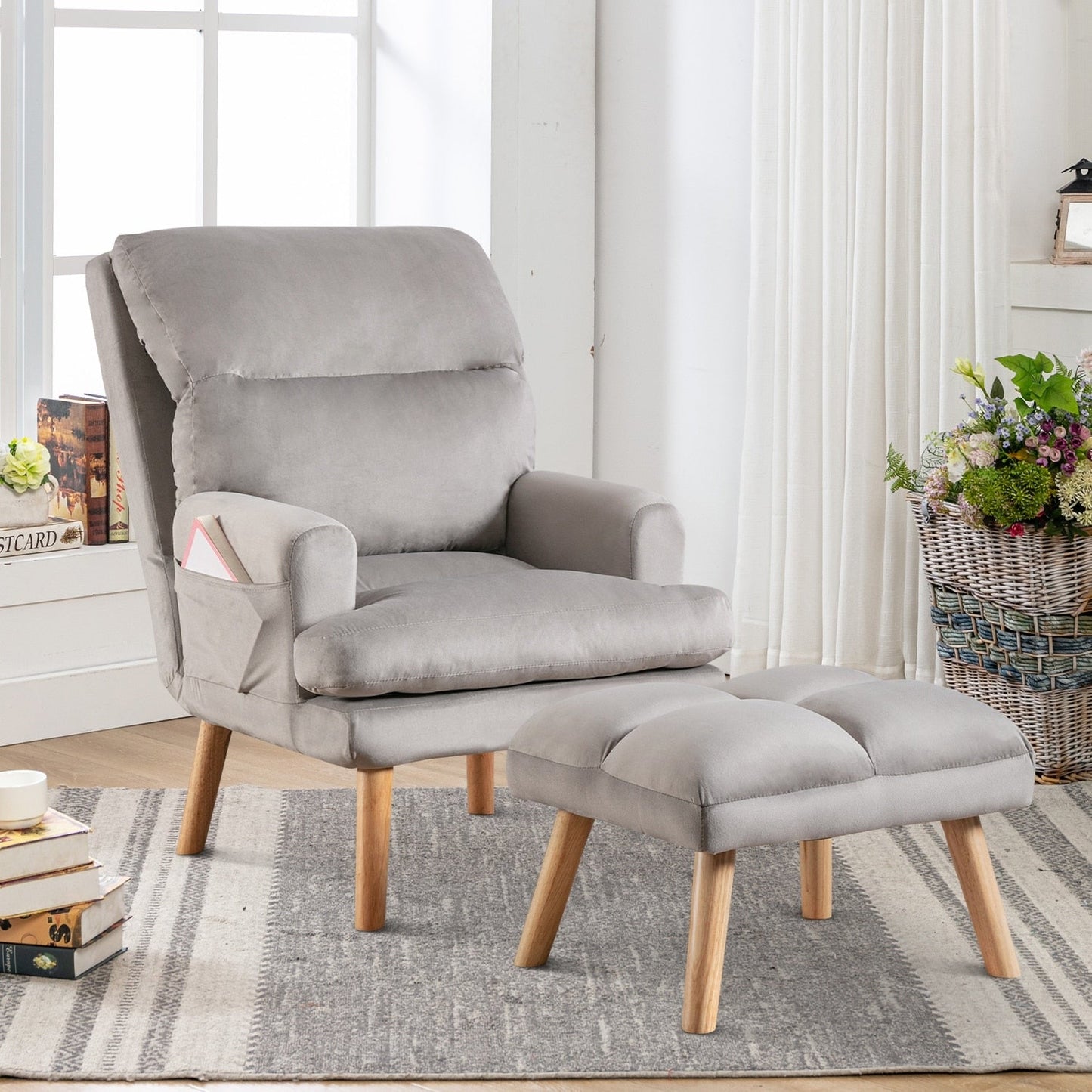 Fauteuil de salon décontracté en tissu doux avec dossier et pieds réglables