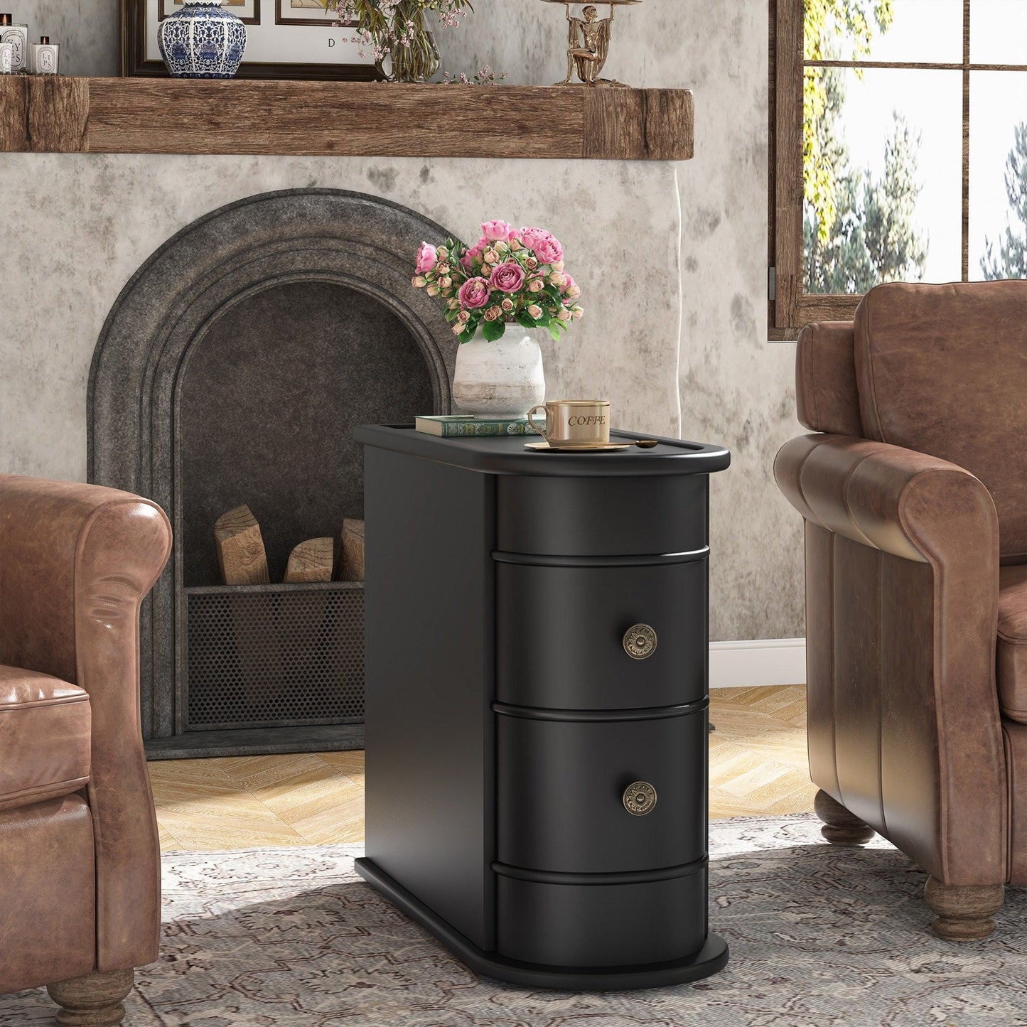 Table d'appoint étroite à deux tiroirs en bois massif