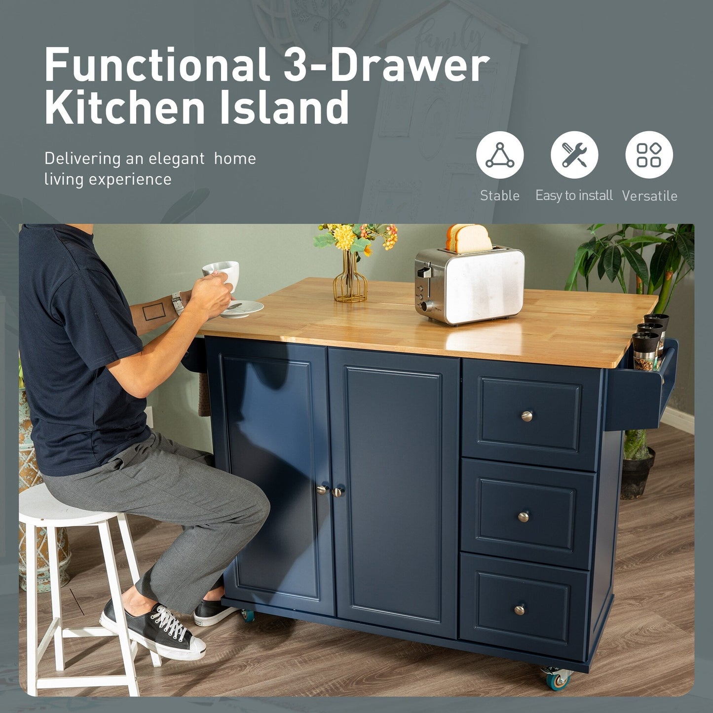 Desserte de cuisine Sophia &amp; William avec abattant et plateau en bois d'hévéa, chariot de cuisine roulant avec grand meuble de rangement