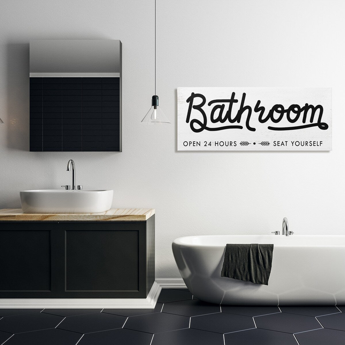 Stupell - Panneau de salle de bain « Asseyez-vous » - Art mural minimaliste sur toile noir et blanc