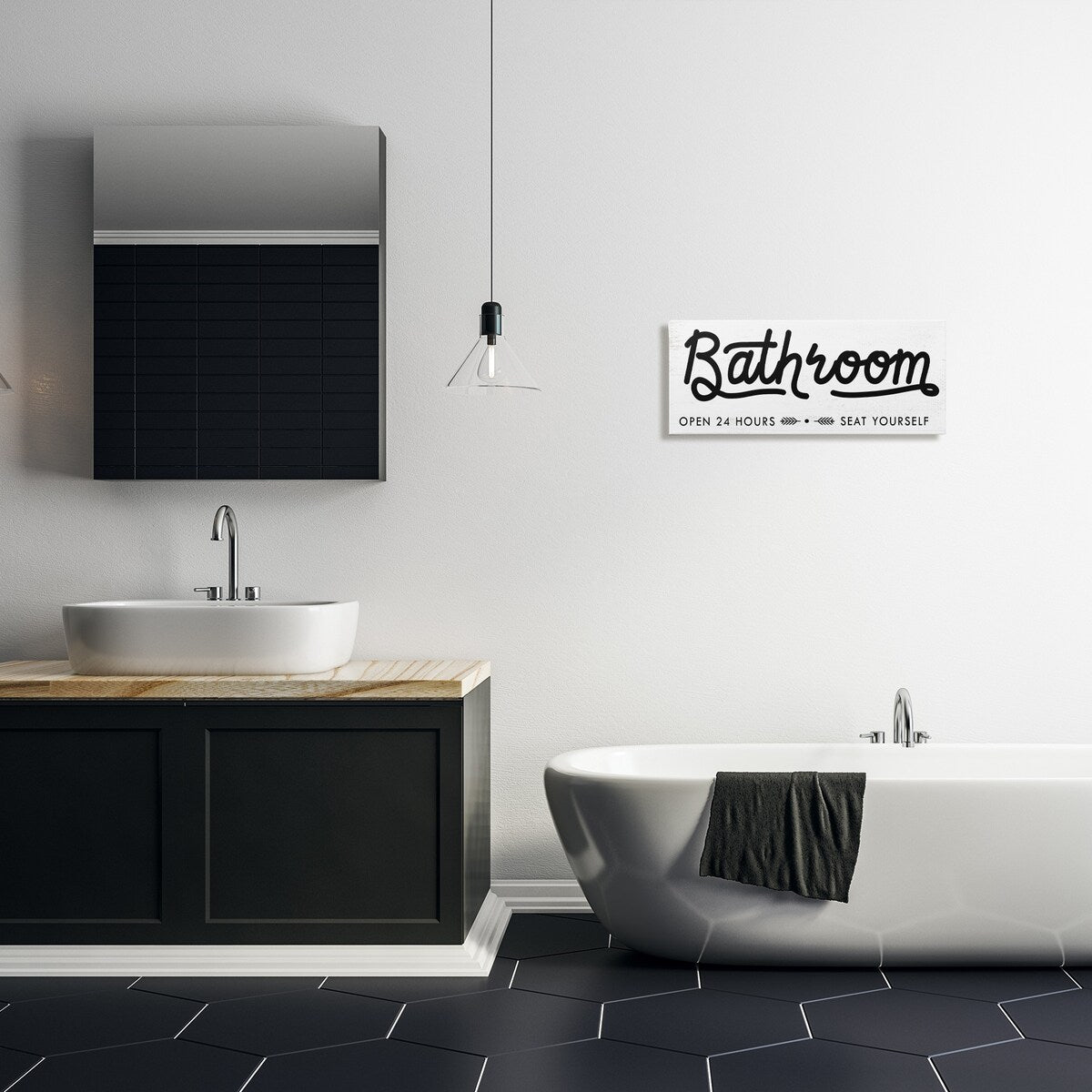 Stupell - Panneau de salle de bain « Asseyez-vous » - Art mural minimaliste sur toile noir et blanc