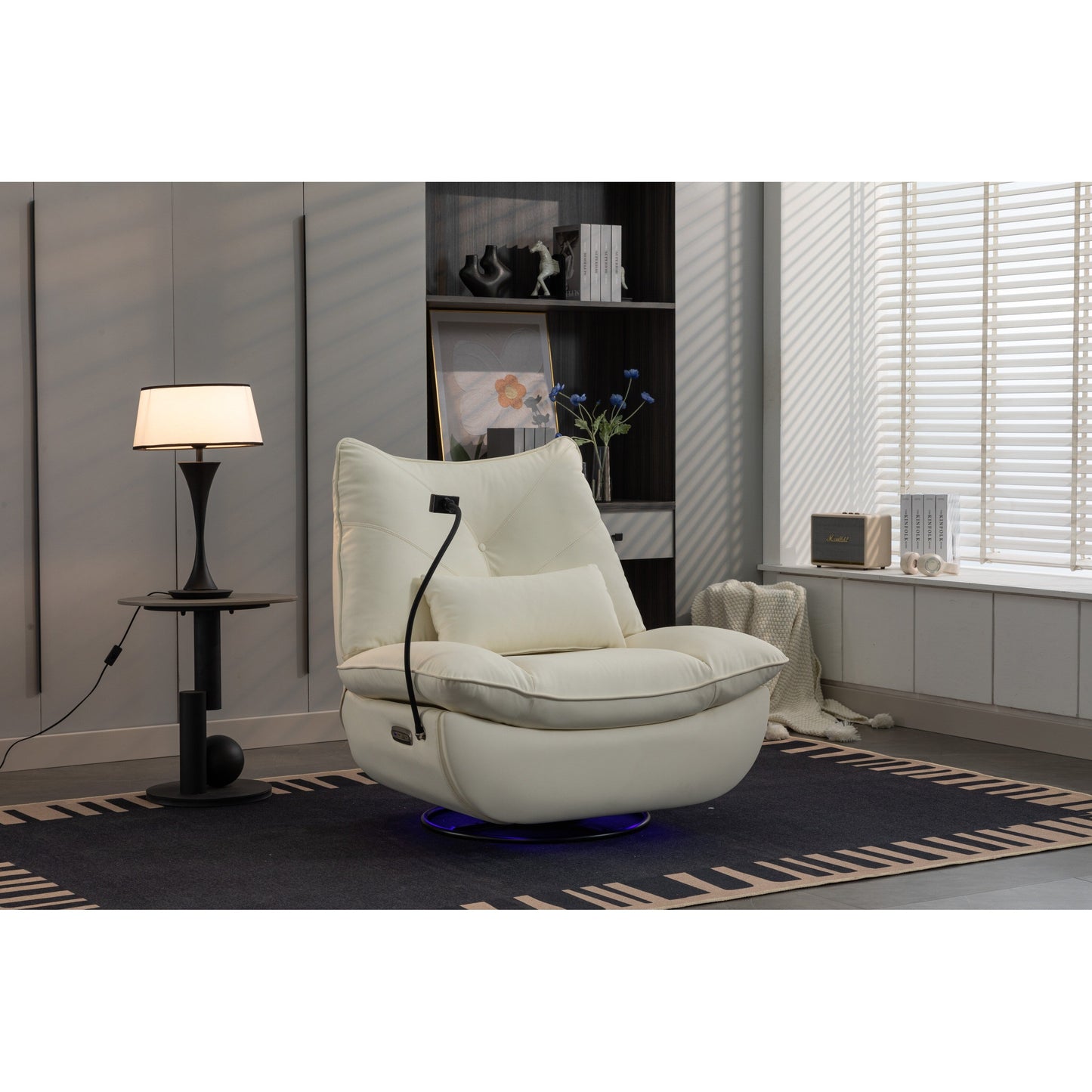 Fauteuil inclinable pivotant et électrique avec haut-parleurs Bluetooth, support de téléphone, ports de chargement USB et Type-C, rangement dissimulé dans les accoudoirs