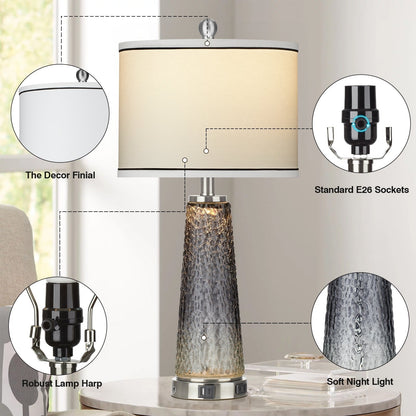 Lampes de table 2 en 1 en verre gris, avec ports de charge et interrupteur tactile à 2 voies (lot de 2) - 30,5 x 30,5 x 66 cm (L x l x H)