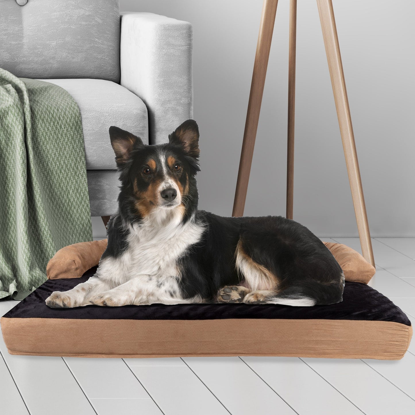 Lit pour animal de compagnie beige/noir - Canapé orthopédique 3 couches pour chien avec gel rafraîchissant, mousse à mémoire de forme et renfort de nuque