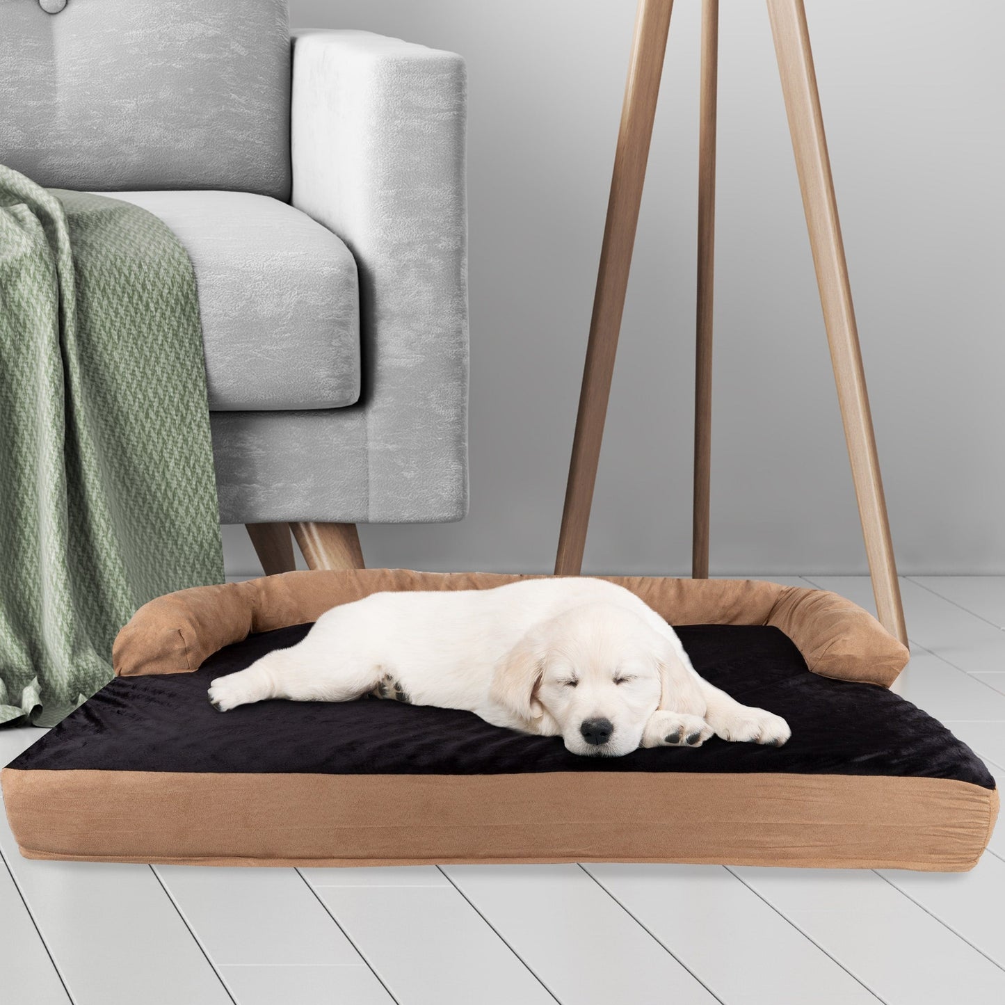 Lit pour animal de compagnie beige/noir - Canapé orthopédique 3 couches pour chien avec gel rafraîchissant, mousse à mémoire de forme et renfort de nuque