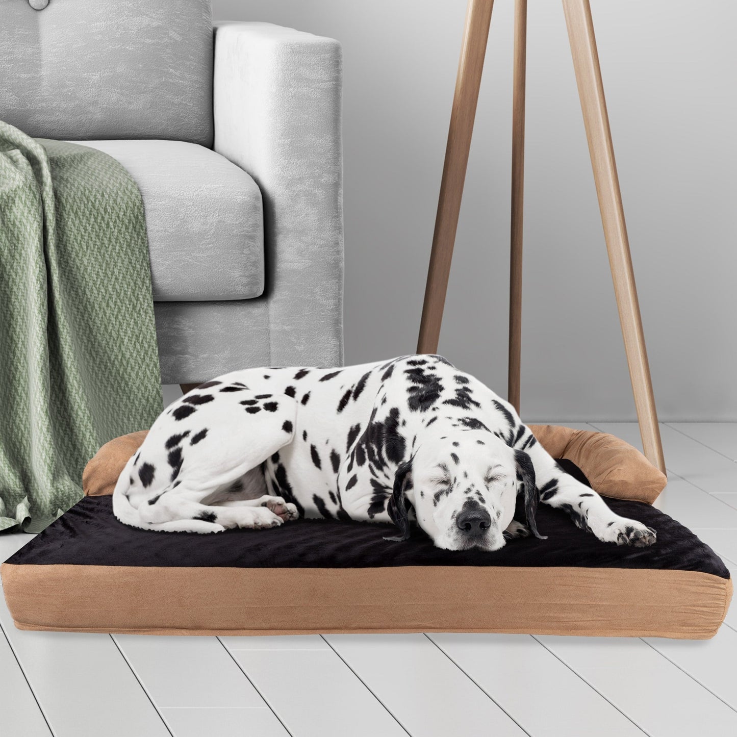 Lit pour animal de compagnie beige/noir - Canapé orthopédique 3 couches pour chien avec gel rafraîchissant, mousse à mémoire de forme et renfort de nuque