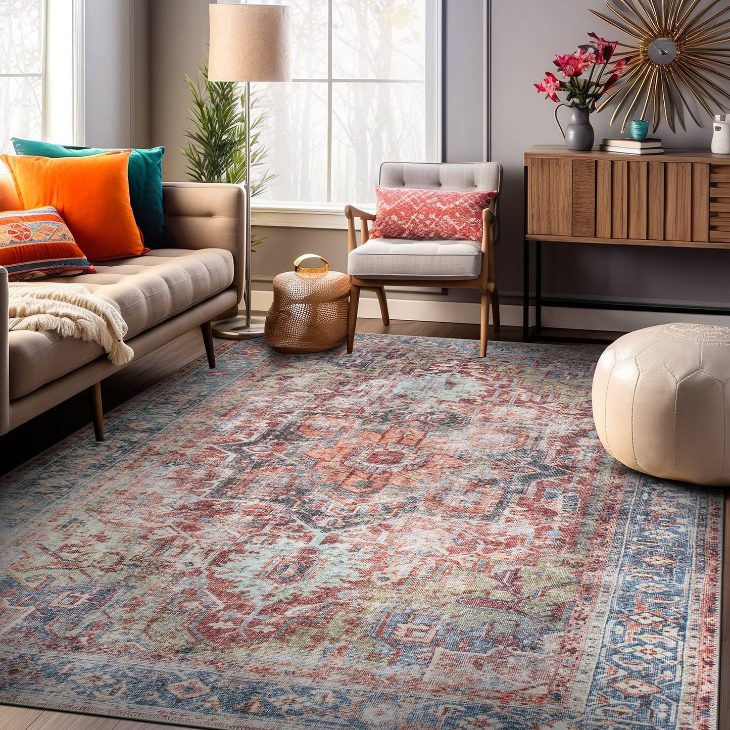 Tapis traditionnel vieilli lavable en machine