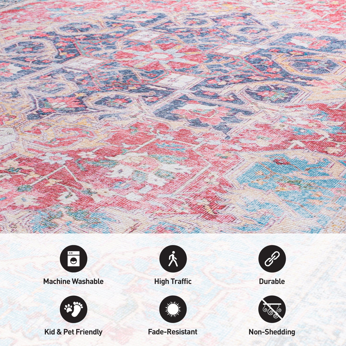 Tapis multi-surfaces traditionnel, vintage et vieilli, lavable en machine