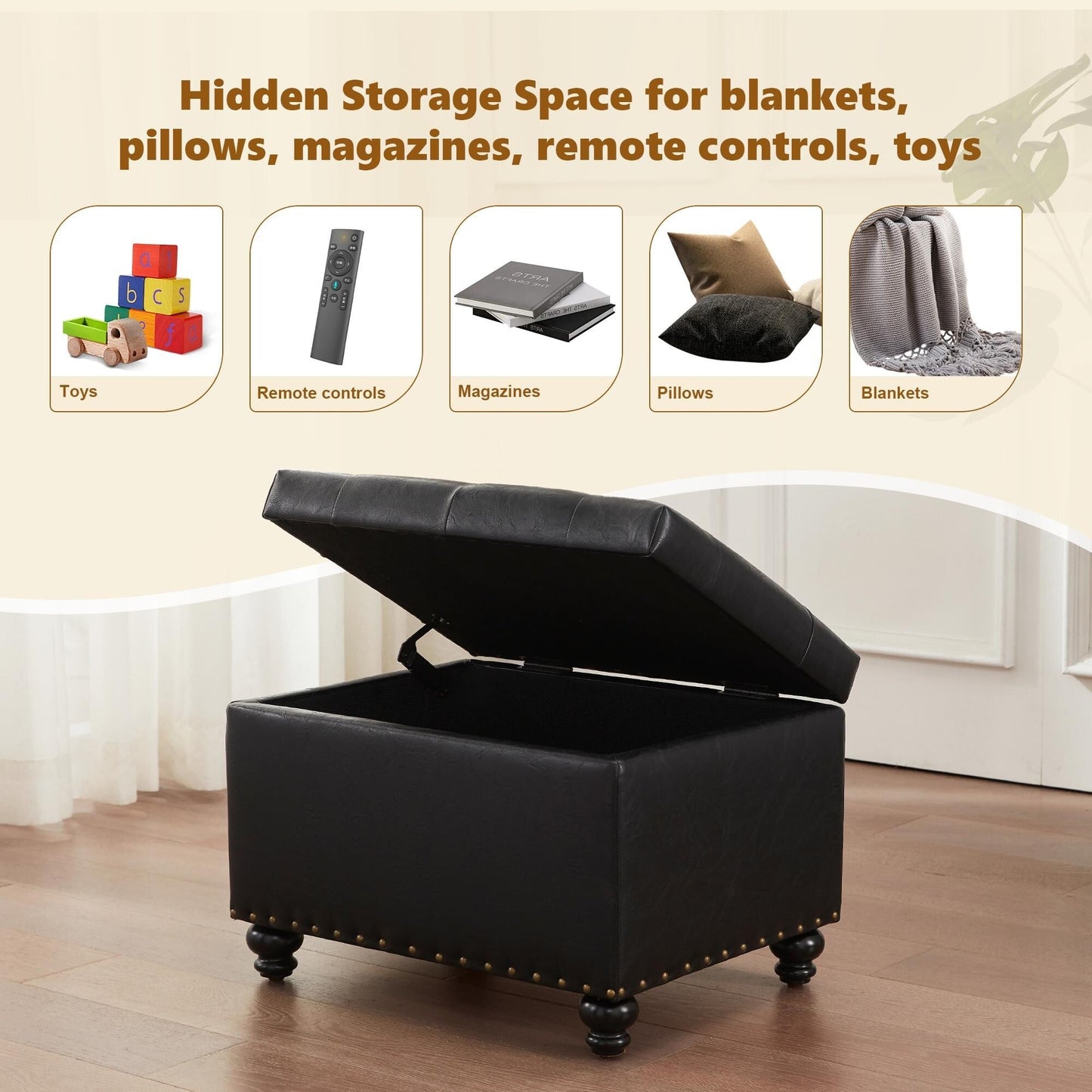 Banc ottoman de rangement capitonné, repose-pieds rectangulaire