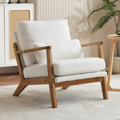 Fauteuil d'appoint rembourré en lin mélangé avec pieds en bois et un coussin beige
