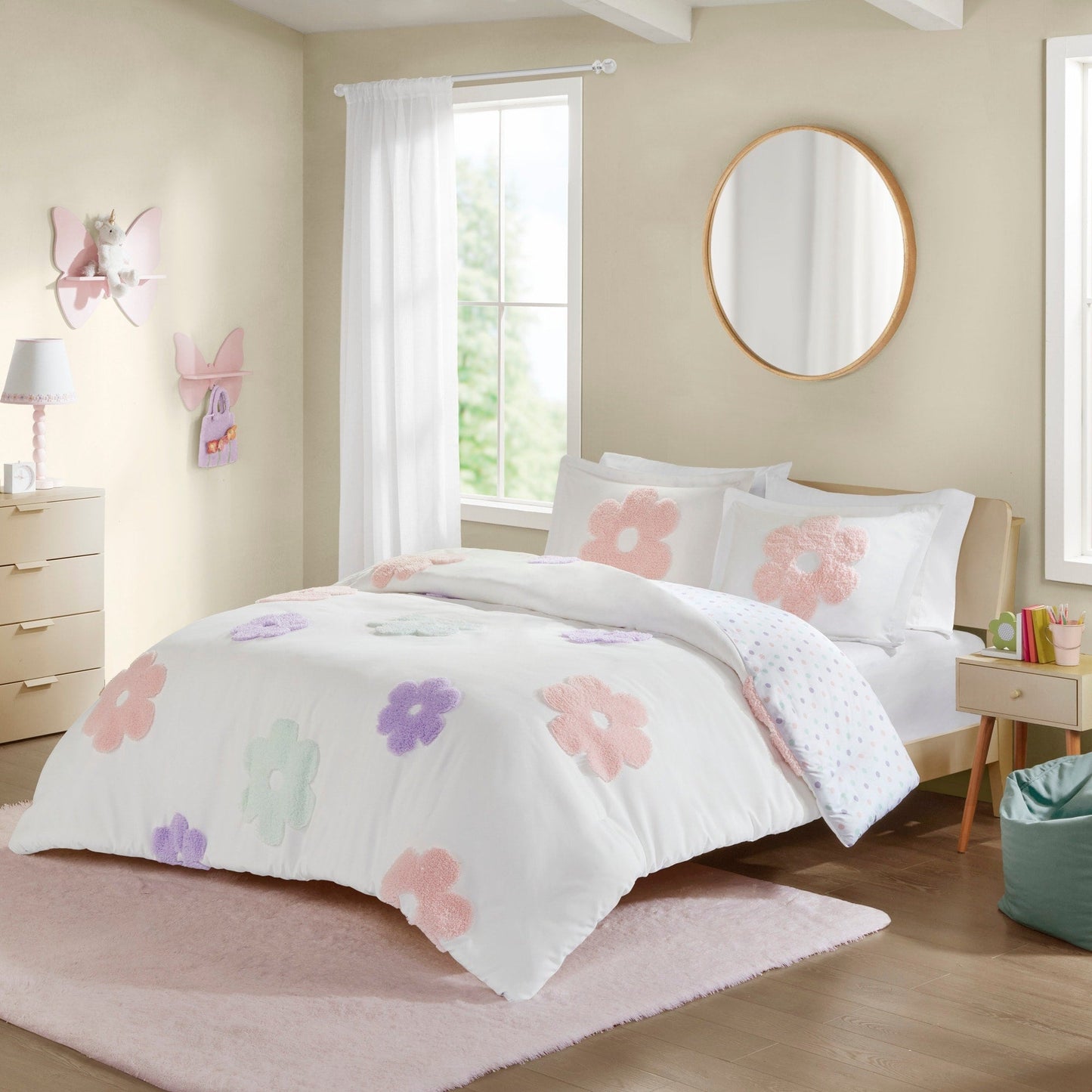Parure de lit réversible en chenille touffetée à motif floral Madeline pour enfants de conception intelligente