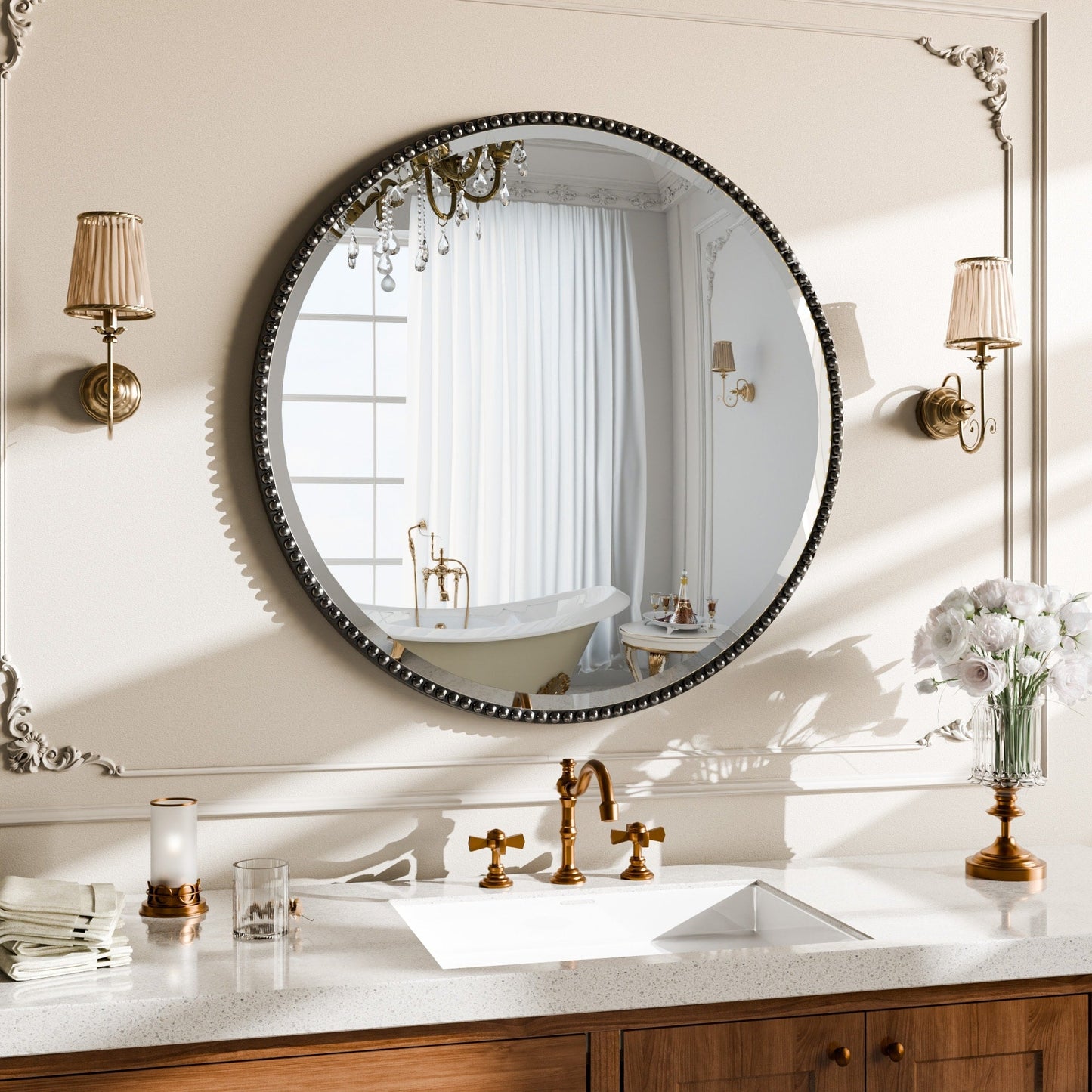 Miroir de salle de bain rond vintage avec cadre perlé