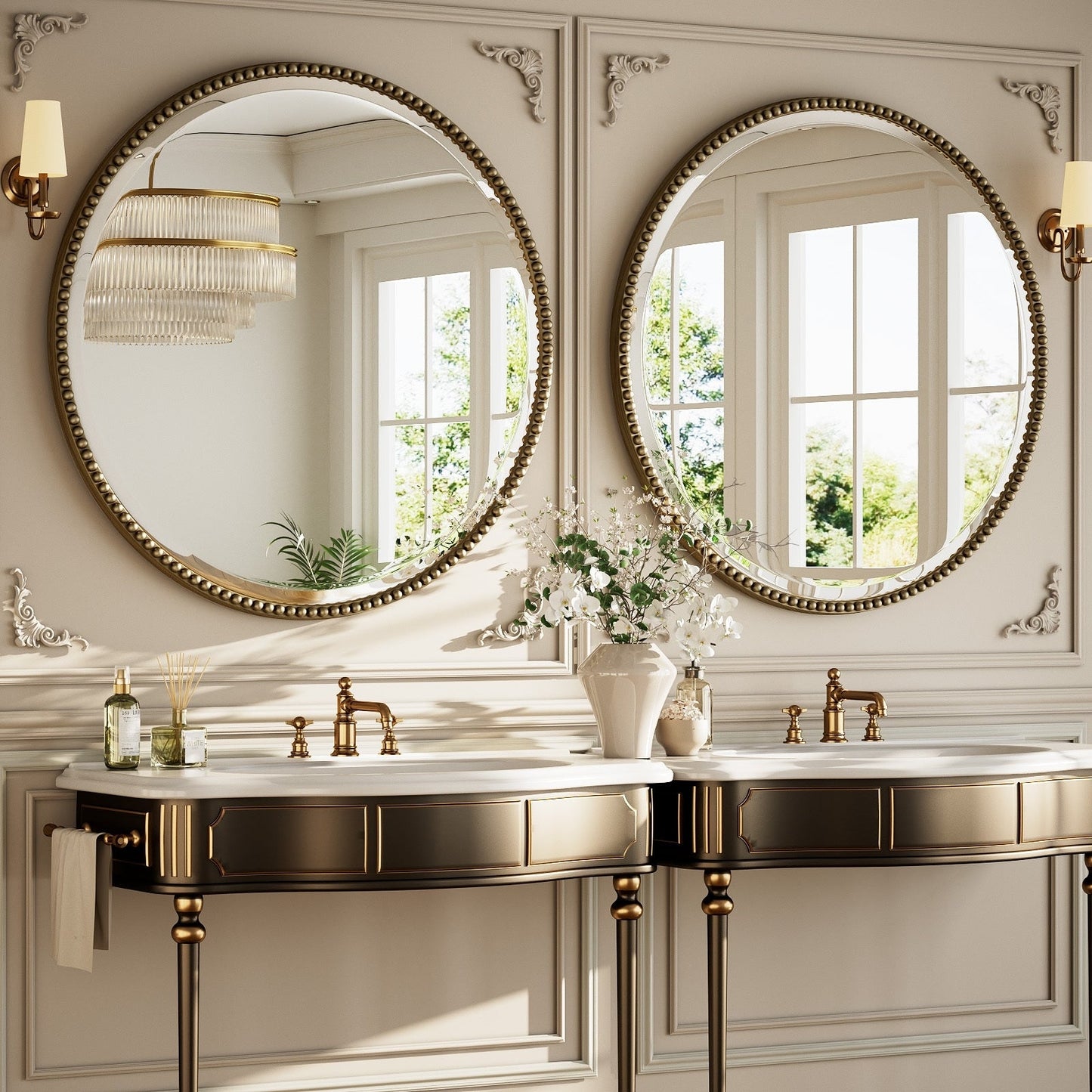 Miroir de salle de bain rond vintage avec cadre perlé