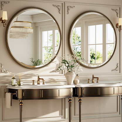 Miroir de salle de bain rond vintage avec cadre perlé