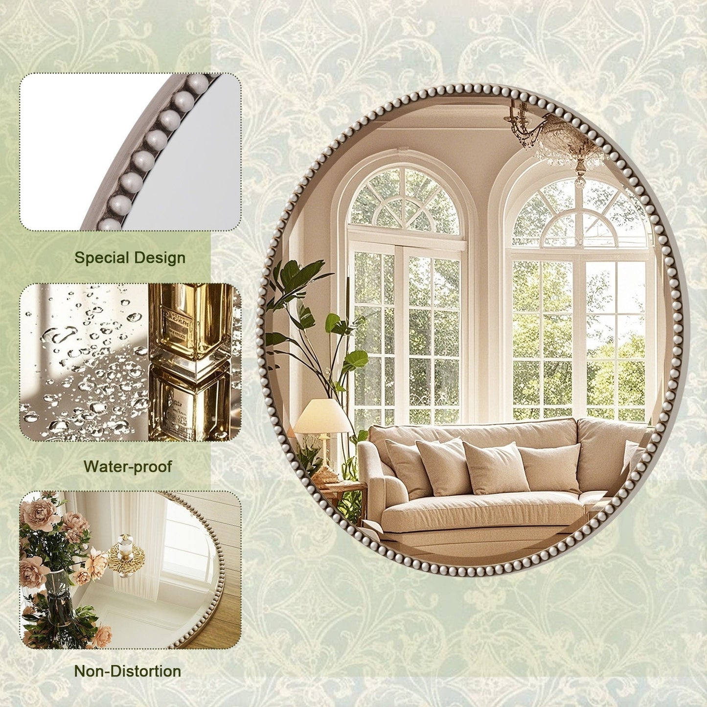 Miroir de salle de bain rond vintage avec cadre perlé