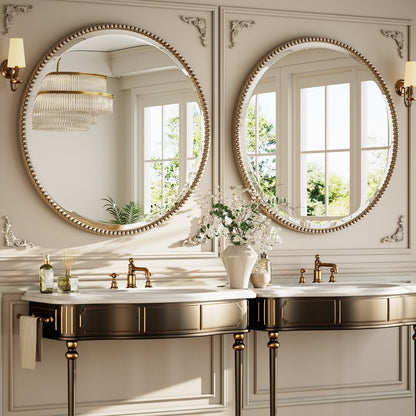 Miroir de salle de bain rond vintage avec cadre perlé