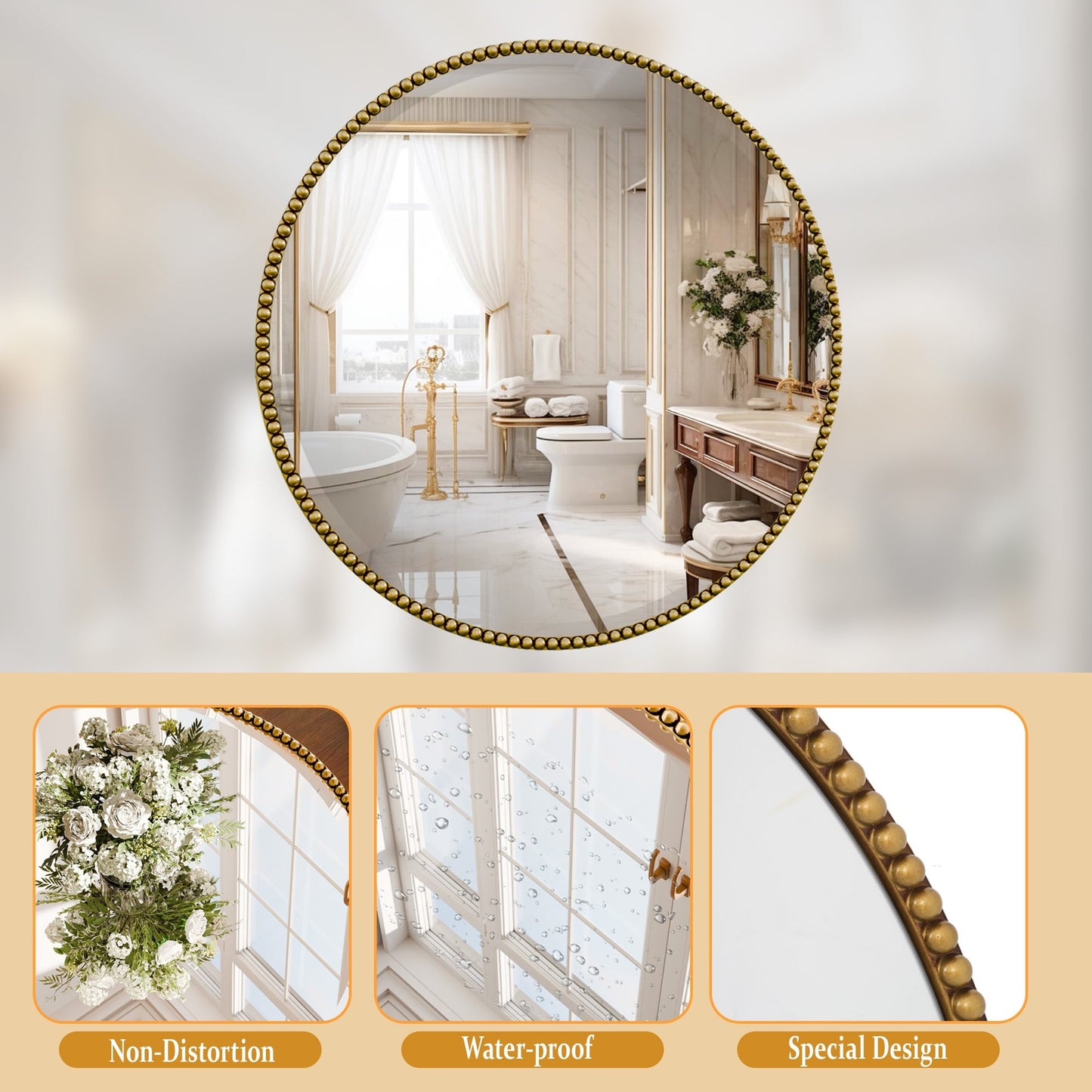 Miroir de salle de bain rond vintage avec cadre perlé