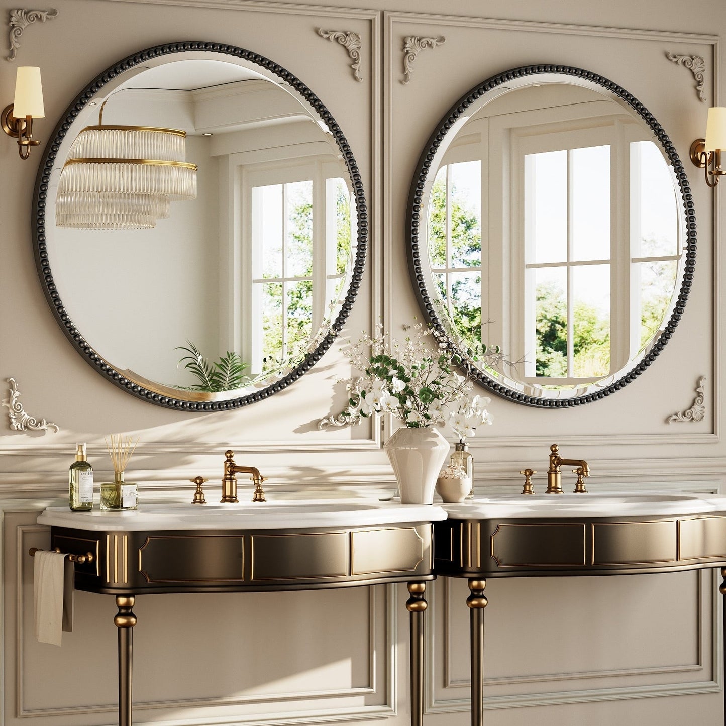 Miroir de salle de bain rond vintage avec cadre perlé