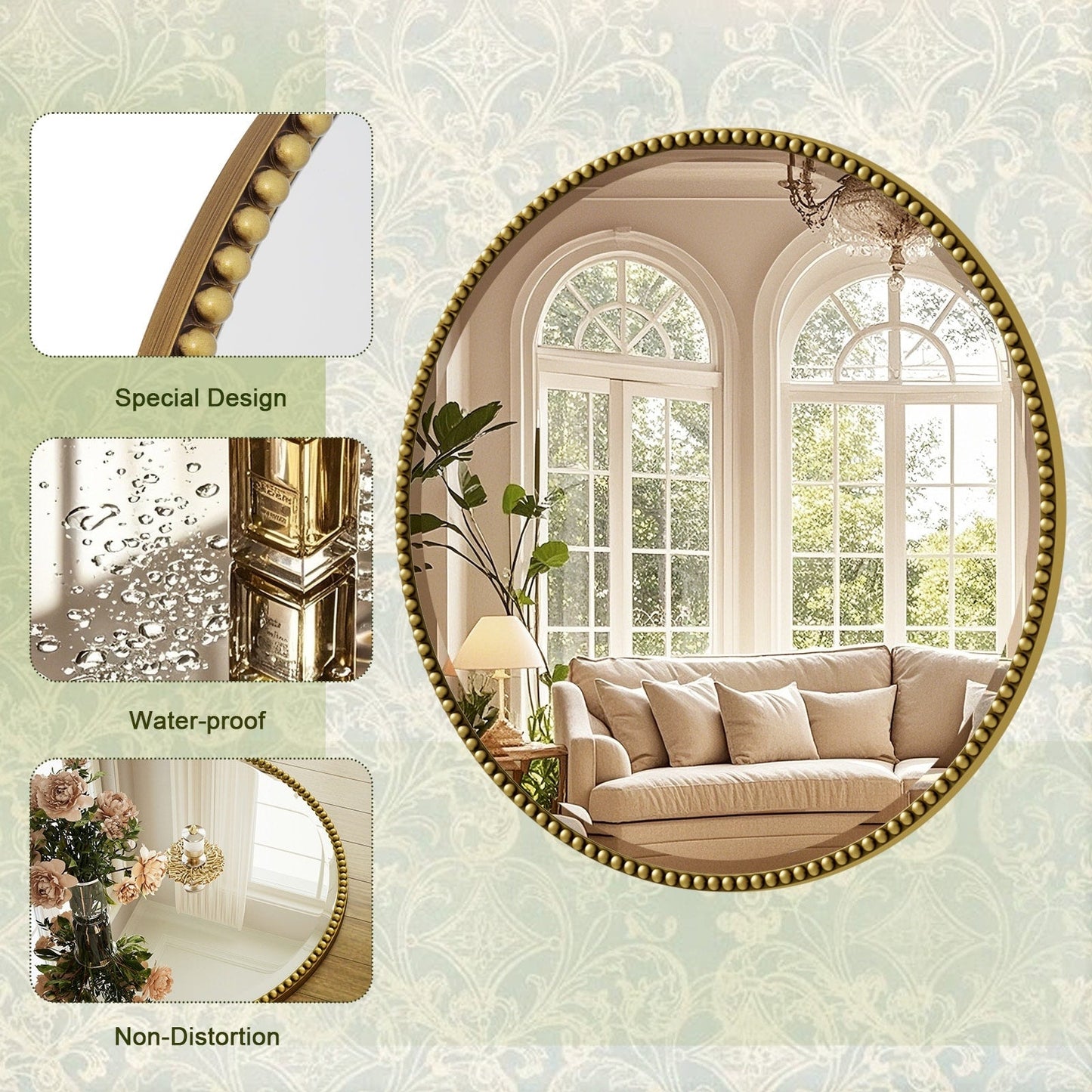 Miroir de salle de bain rond vintage avec cadre perlé