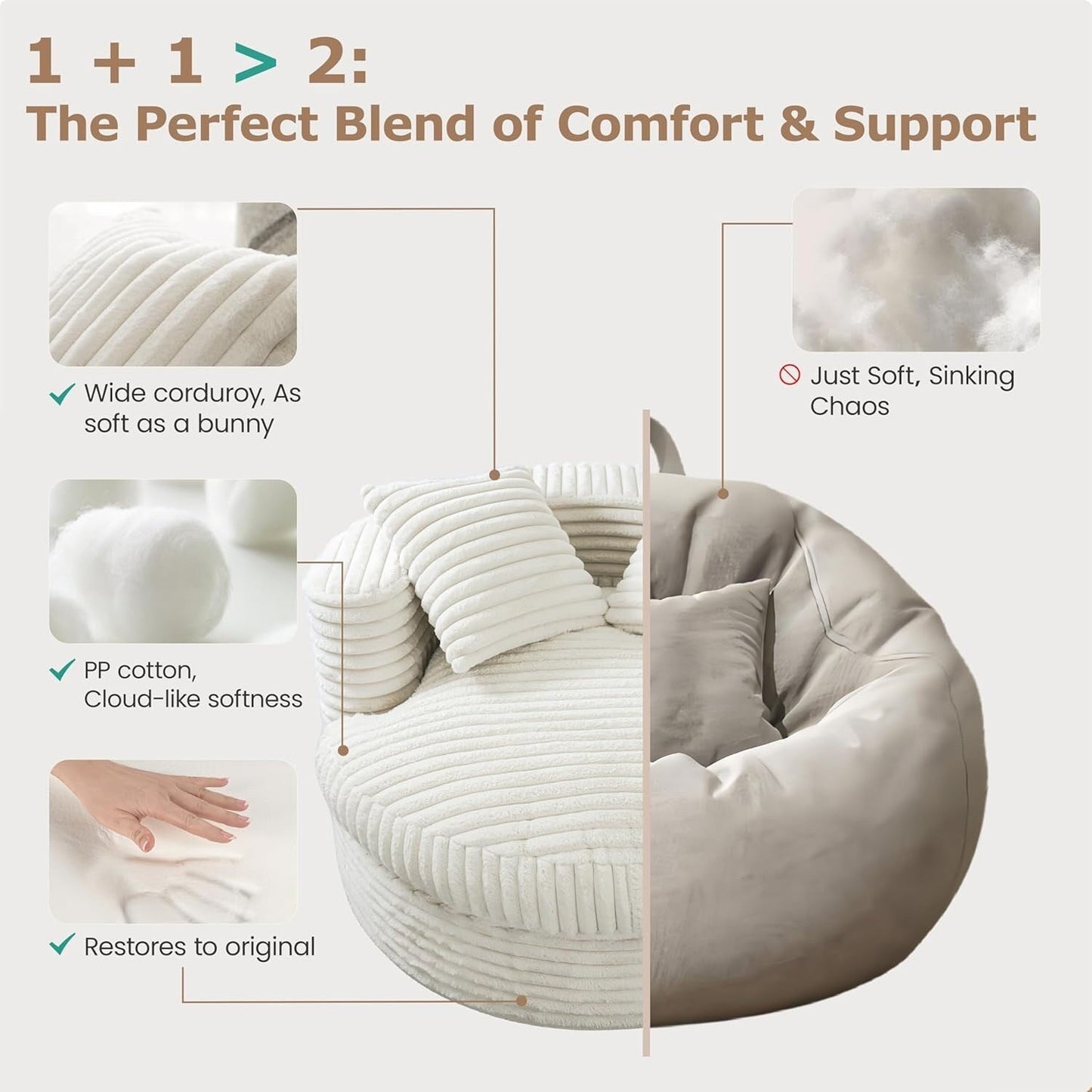 WOWMAX 47 Chaise longue ronde d'intérieur, canapé de sol rembourré en velours côtelé, fauteuil-lit surdimensionné avec 2 coussins décoratifs