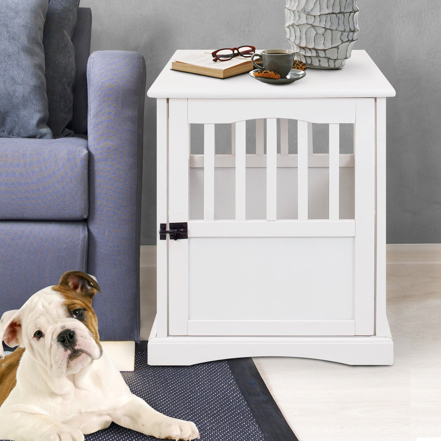 Table d'appoint en bois blanc pour cage pour animaux de compagnie avec porte verrouillable