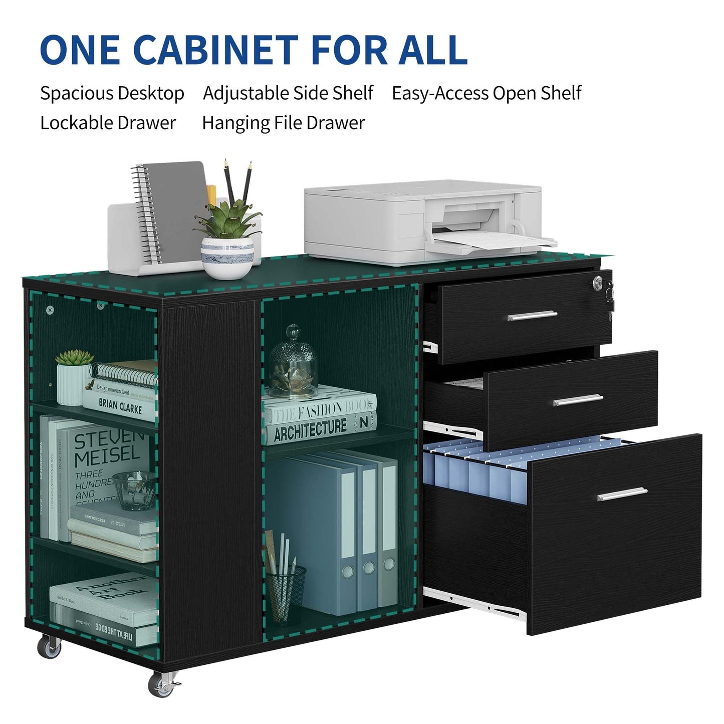 Classeur latéral mobile en bois avec station de charge verrouillable, compatible avec les dossiers de format A4, Lettre et Légal