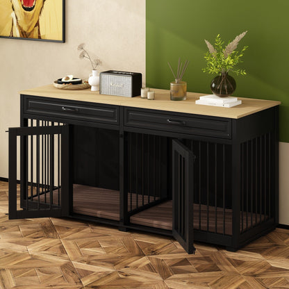 Cage double en bois pour chien avec 2 tiroirs et séparateur