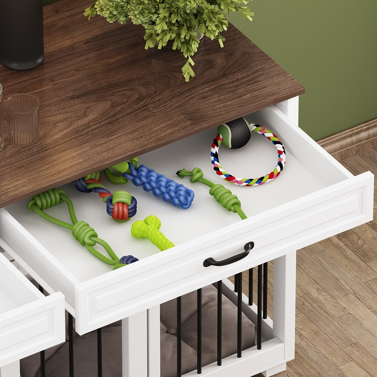 Cage double en bois pour chien avec 2 tiroirs et séparateur