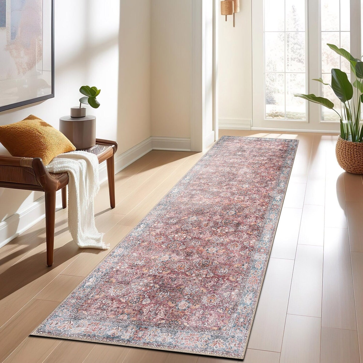 Tapis de transition World Rug Gallery, style vintage, antidérapant, lavable en machine, avec bordures